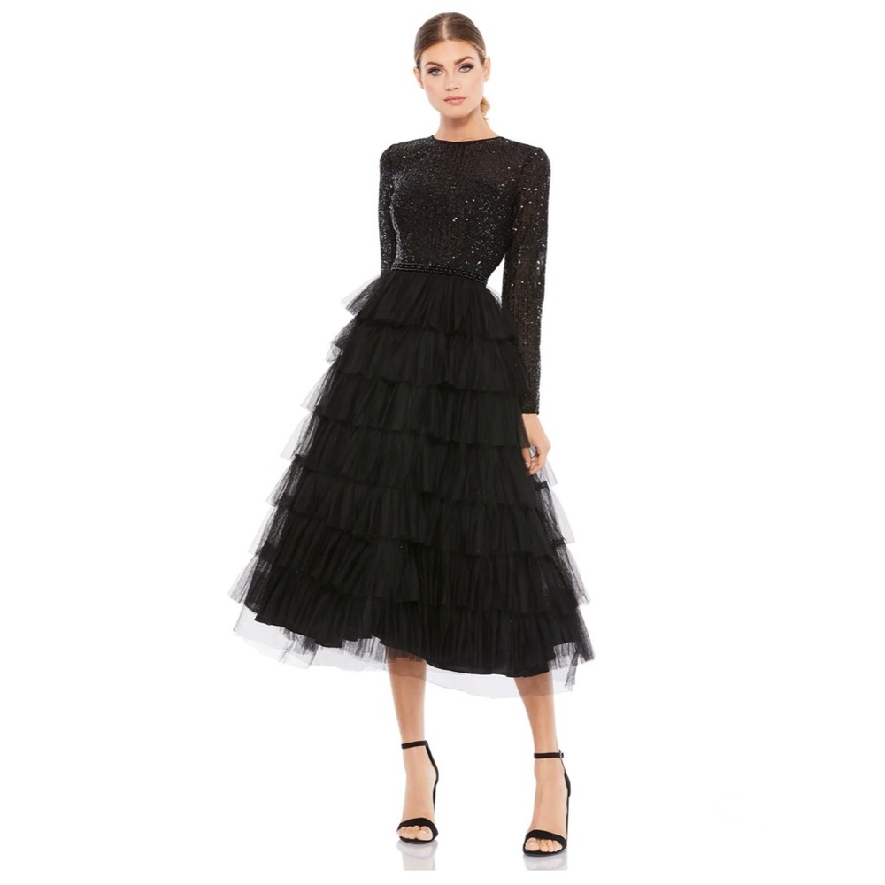 Mac Duggal Black Sequined Long Sleeve Tiered Ruffle Midi Dress